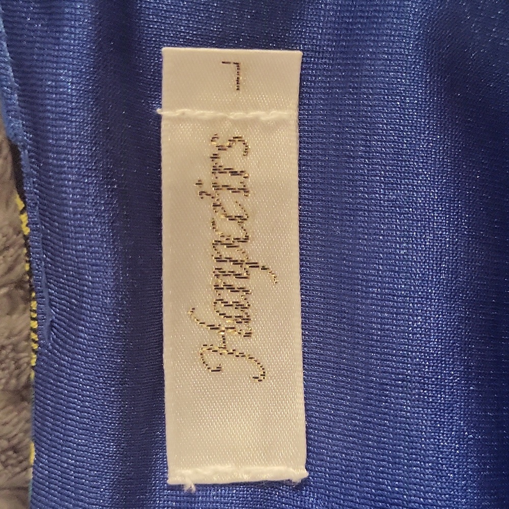 A patterned blue, turquoise,  yellow & black dress. - Picture 5 of 5